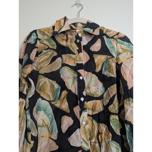 Luxxel Womens S Black Abstract Floral Button Down Button Cuff Long Sleeve Blouse - Picture 2 of 9